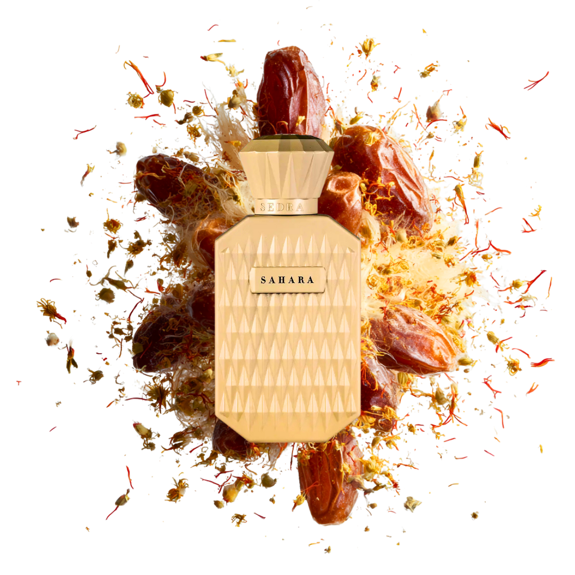Sedra- Sahara, 120ml, beiger Flakon umgeben von Datteln und Safran.