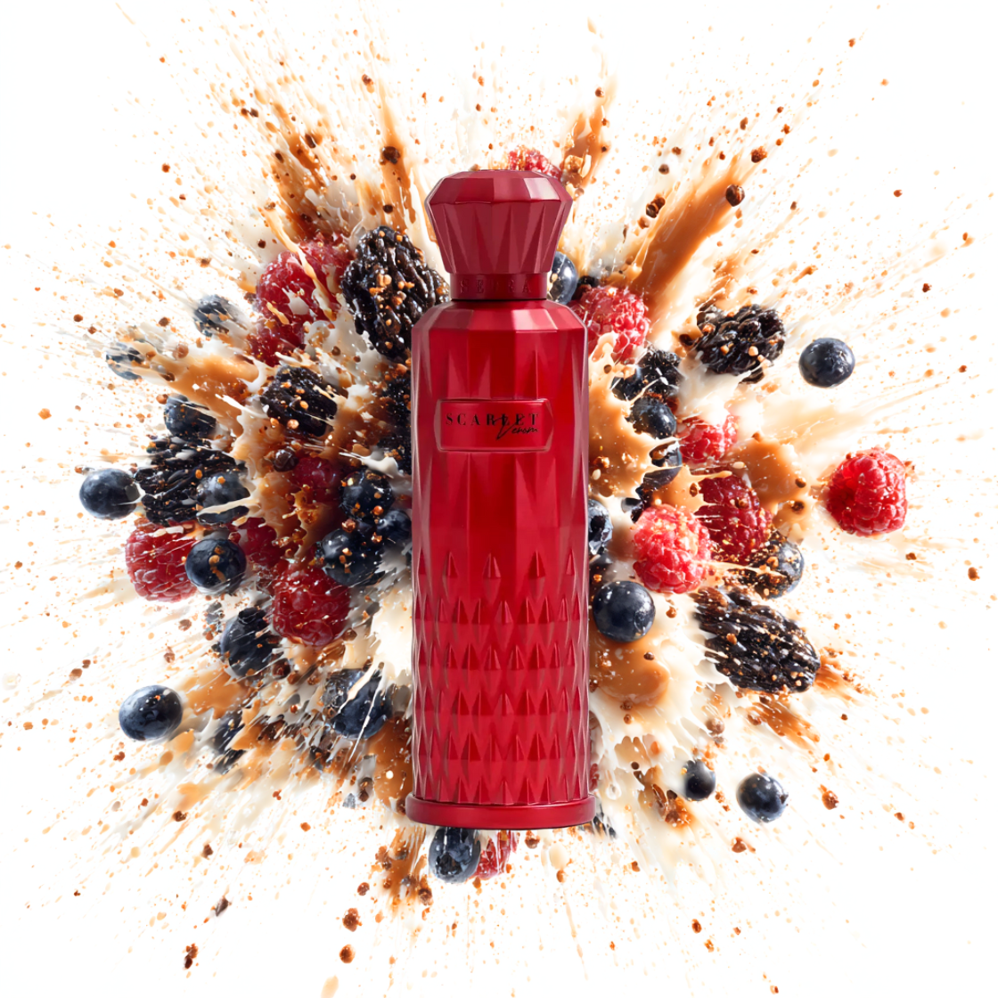 Sedra- Scarlet Venom, 200ml, roter Flakon umgeben von Blaubeeren und Himbeeren.